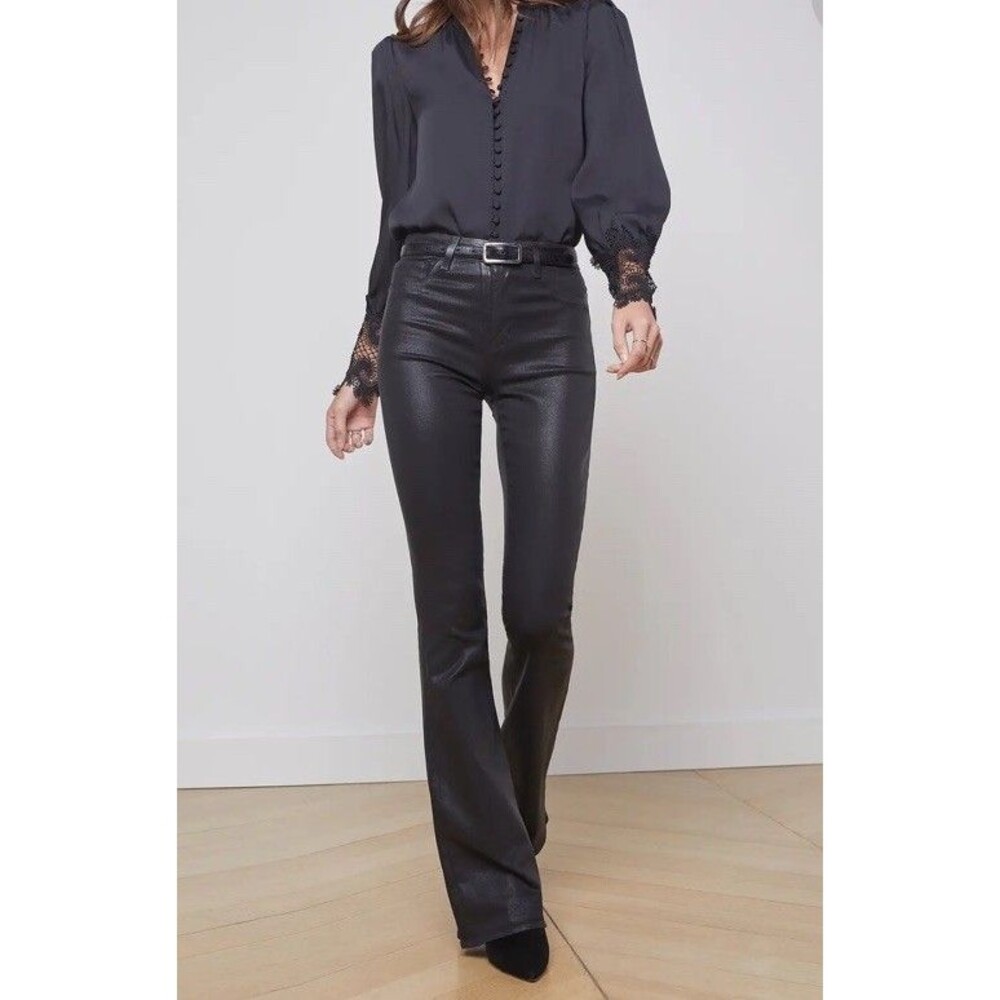 L’AGENCE Women’s Black Coated Leather Look Flare Leg Pants Size 25